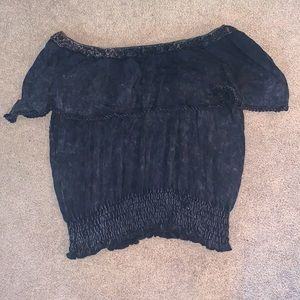 Charcoal gray, short sleeve, off the shoulder from these three boutique size lg